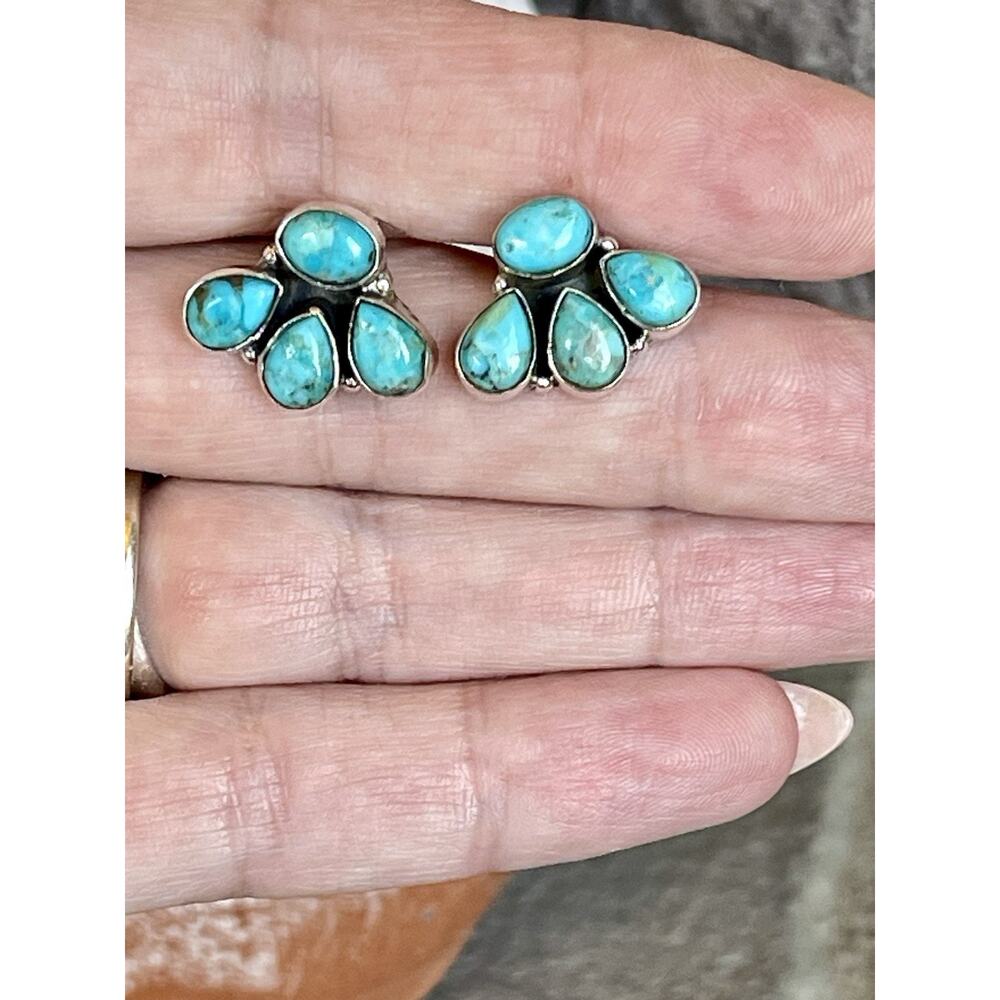 Native American Style Sterling Silver Turquoise Cluster Earrings Southwest Boho - Picture 7 of 9